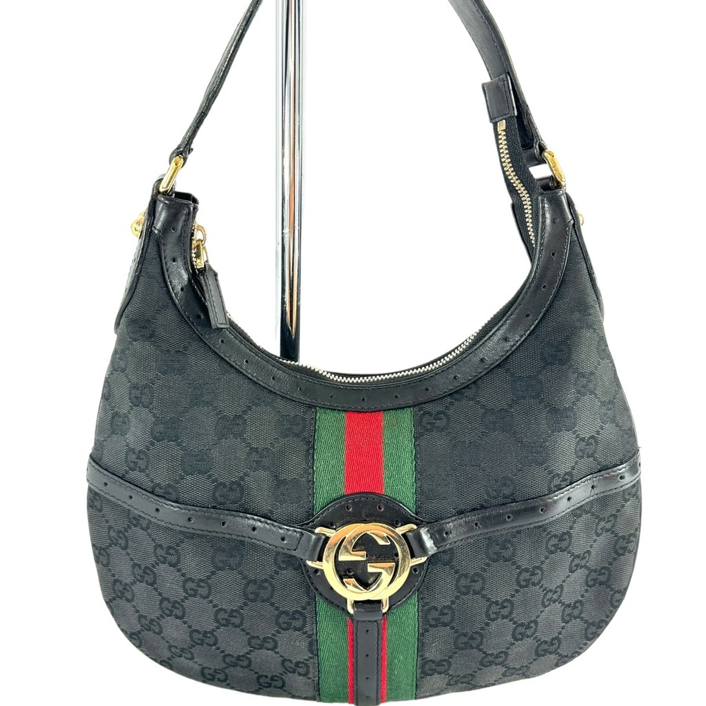 GUCCI Reins Hobo Black GG Canvas with Signature Web